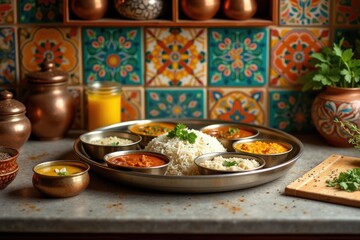Colorful Vegetarian Thali Setup in a Modern Kitchen Environment
