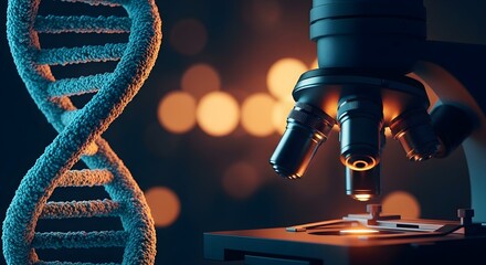 DNA strand and microscope in a science lab