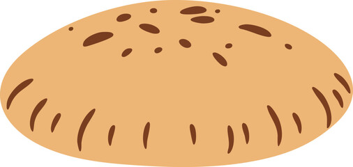 Close-up of a round, light brown bread with dark brown seeds.