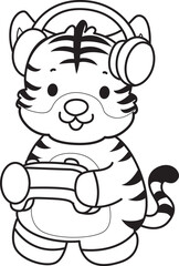Coloring book of cute tiger character vector clip art for children.  