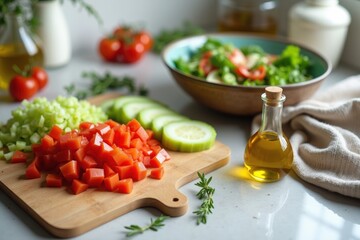 Fresh Ingredients on Countertop for a Healthy Salad Preparation