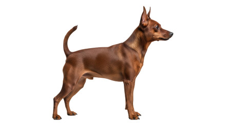 Isolated Miniature Pinscher standing in profile, a small, robust and intelligent dog breed