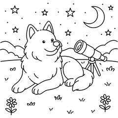 Cute Dog Stargazing with Telescope – Adorable Night Sky Coloring Page