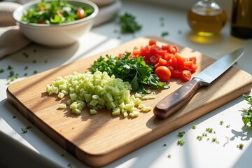 Fresh Ingredients on Wooden Countertop for Healthy Salad Preparation