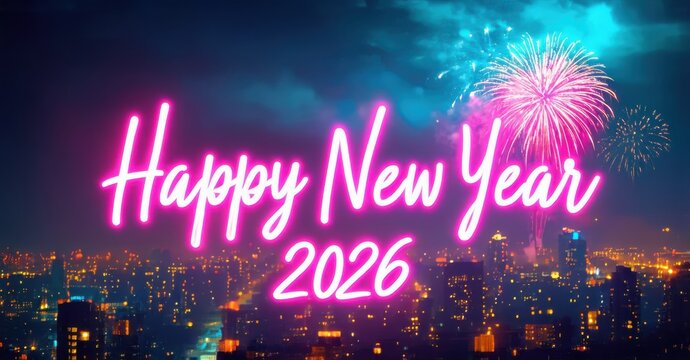 Festive cityscape backdrop showcases vibrant fireworks, bright lights. Text reads Happy New Year 2026 in glowing pink script. Celebration imagery.