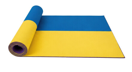 Isolated yoga mat in Ukraine flag colors, rolled and unrolled, workout equipment concept