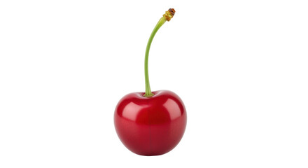 Isolated shiny red cherry with green stem and brown top, fresh and organic berry fruit