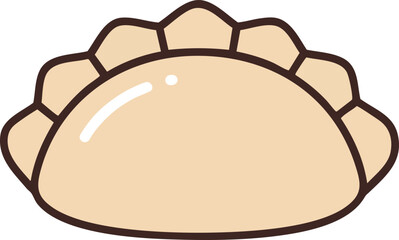 A simple, cartoon-style illustration of a single, light brown dumpling with crimped edges, often associated with Asian cuisine.