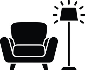 Vector art of black armchair and a standing lamp with radiating light, cozy reading corner icon