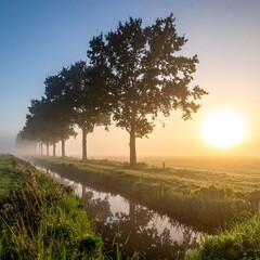 Misty sunrise over a canal with trees