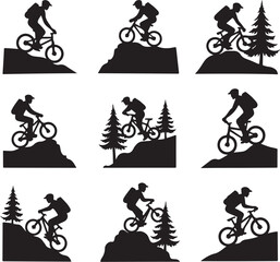 Obraz premium Mountain biker silhouettes on rocky terrain and pine trees
