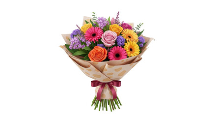 Isolated bouquet of colorful mixed flowers, wrapped, tied with ribbon, fresh vibrant blooms