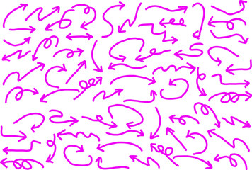 Hand-drawn doodle arrows set in pink ink with various directions, curves, and styles. Perfect for design elements, presentations, notes, and creative projects.
