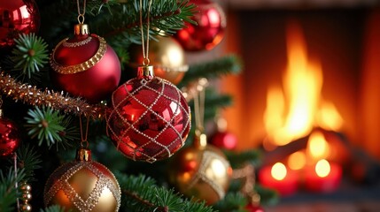 Fototapeta premium Festive holiday scene with red and gold ornaments on christmas tree by cozy fireplace
