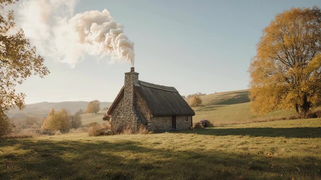 Rustic thatched cottage in a sunlit meadow