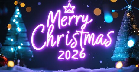Bright neon sign displays Merry Christmas 2026. Background features blurred trees, lights, festive decorations. Winter holiday scene.