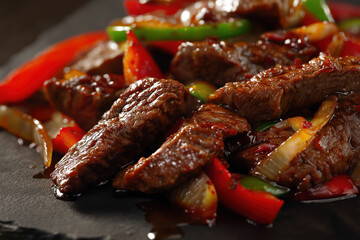 Seared beef strips glazed with sauce and glistening droplets, peppers & onions, warm side light and shallow depth on dark background