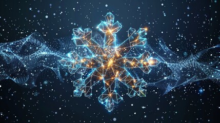 Futuristic snowflake with glowing neon lines and translucent polygons on dark background