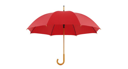 Isolated red umbrella, protecting from the rain with sturdy canopy and bent, wooden handle