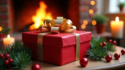 Festive red gift box with golden ribbon in cozy holiday setting by fireplace