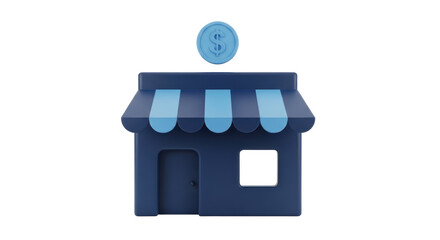 Isolated stylized business shop illustration with dollar coin above, commerce concept