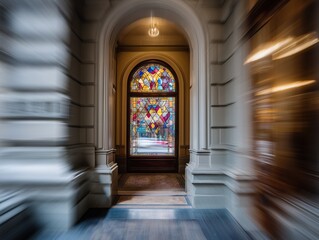 Obraz premium Blurred motion view of gothic church corridor with stained glass window at the end