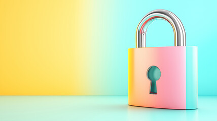 Fototapeta premium Pastel colored padlock with keyhole stands against vibrant yellow and blue background, symbolizing security and protection. lock smooth gradient design adds modern touch