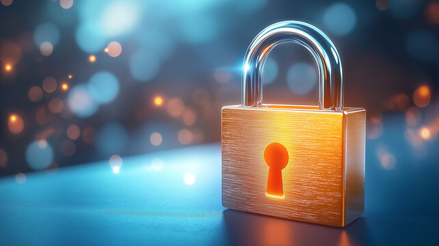 Glowing lock icon with warm orange hue stands out against blurred blue background, symbolizing security and protection. abstract design conveys sense of elegance and modernity