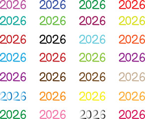 Year 2026 Text Repeating Pattern , Repeating colorful year 2026 text pattern on white background, abstract minimal calendar typography design.