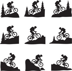 Obraz premium Mountain biker silhouettes on rocky terrain and trees
