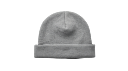 A closeup view of a soft, fuzzy gray knitted beanie hat, isolated on transparent background, highlighting its cozy texture