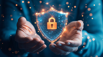 Glowing shield icon with lock in center is held by hands, symbolizing security and protection in digital context. image conveys sense of safety and trust