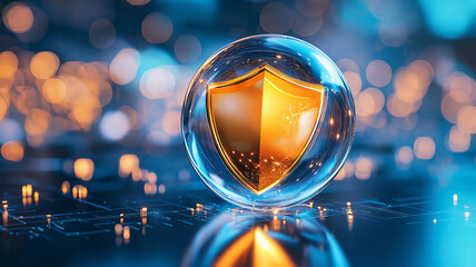 Glowing golden shield is encased in transparent sphere, hovering over digital circuit board. scene is illuminated with blue and orange bokeh lights, creating futuristic and secure atmosphere