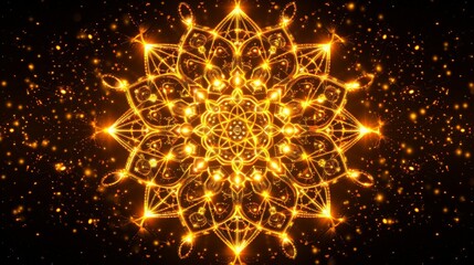 Futuristic luminous snowflake crafted from neon lines and translucent shapes against dark backdrop