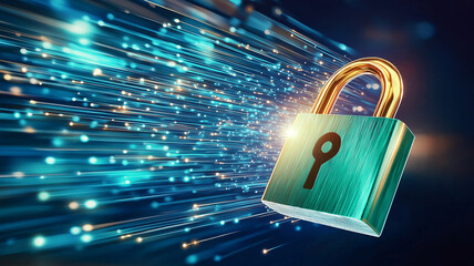 Glowing green lock symbol with futuristic design is surrounded by dynamic light streaks, symbolizing digital security and data protection