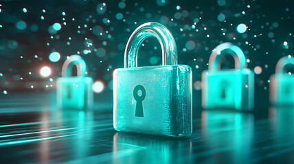 Glowing digital padlock icon in emerald hue symbolizes cybersecurity and data protection in futuristic digital environment. image conveys security and innovation