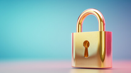 Shiny gold padlock with keyhole is centered against gradient background of blue and pink hues, symbolizing security and protection