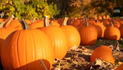 Rows of pumpkins in a field bask in fall sunlight, leaves litter the ground