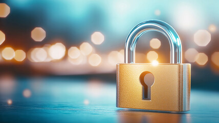 Luminous blue holographic padlock stands out against blurred background, creating sense of security and modernity. minimalist design and glowing effect add futuristic touch