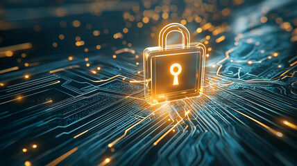 Glowing digital lock symbolizes modern cyber protection, set against backdrop of intricate circuit patterns, highlighting security in technology