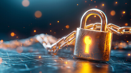 Glowing padlock with chains symbolizes modern cyber protection, surrounded by subtle sparks on dark surface, creating secure and futuristic atmosphere