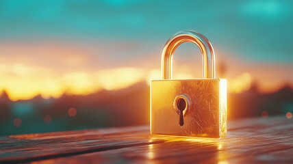 Glowing golden padlock sits on wooden surface, illuminated by warm light of sunset, symbolizing security and protection. serene background enhances sense of safety