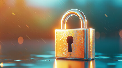 Glowing golden padlock stands on wet surface, illuminated by warm light, symbolizing security and protection. background is softly blurred with bokeh and raindrops