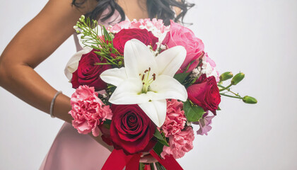 A woman in a pink dress holds a large classic bouquet of red roses.