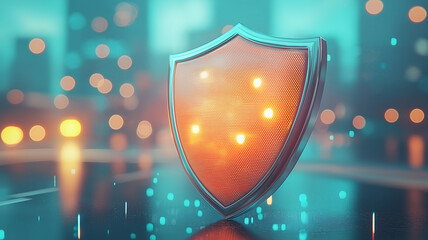 Glowing holographic shield with illuminated dots stands against blurred cityscape background, creating futuristic and secure atmosphere