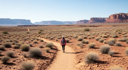 A lone hiker walks along a dusty trail through a vast desert valley with red rock mesas in the distance.