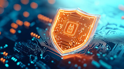 Glowing digital shield with circuit patterns symbolizes cybersecurity over blurred circuit board background, highlighting protection and technology