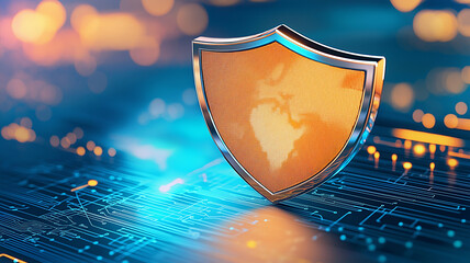 Digital shield with world map design stands over blurred circuit board, symbolizing global cybersecurity and protection. vibrant colors and glowing elements convey sense of advanced technology