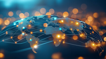 Digital representation of global network with interconnected lines and glowing nodes over blurred background, symbolizing connectivity and technology