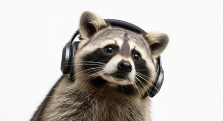 Obraz premium raccoon wearing headphones, listening to music, on a solid white background